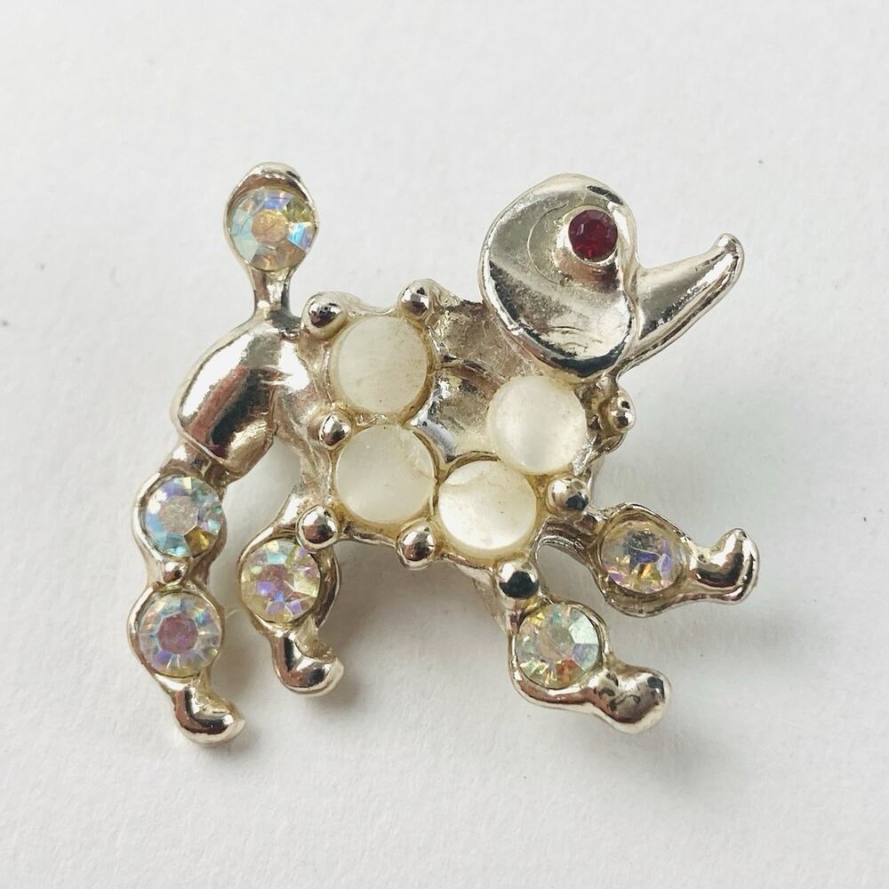Vtg Poodle Dog Brooch Pin Silver Tone Mother of Pearl Red Eyes Rhinestone 50s AB